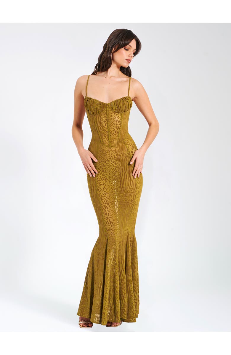 Miss Circle Ulani Burnout Velvet Detail Mesh Maxi Mermaid Dress, Alternate, color, Gold