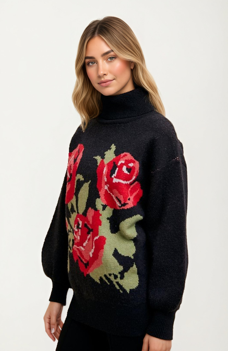 Knit and Lounge Bold Rose Design Turtleneck Sweater, Alternate, color, 