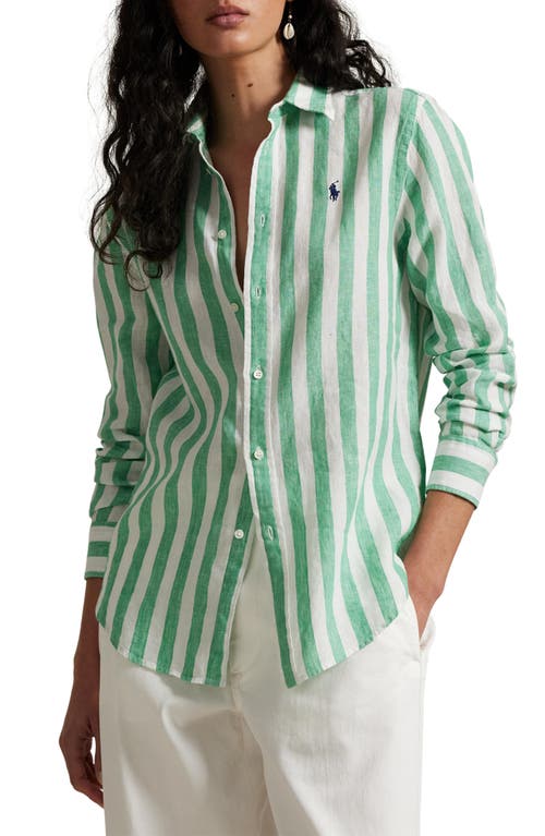 Shop Polo Ralph Lauren Classic Fit Stripe Linen Button-up Shirt In Green/white