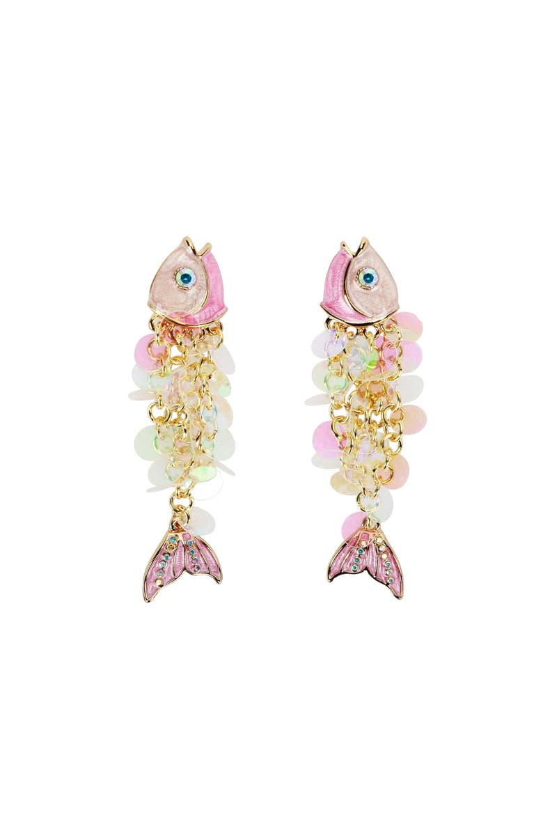 Catch of the Day Sparkle Fish Dangle Earrings - Hypoallergenic Gold-Tone Post with Pink Enamel and Iridescent Sequins, 2 Inch, Main, color, Pink
