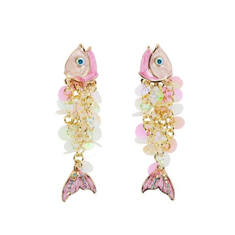 Catch of the Day Sparkle Fish Dangle Earrings - Hypoallergenic Gold-Tone Post with Pink Enamel and Iridescent Sequins, 2 Inch