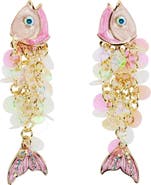 PACKED PARTY Catch of the Day Sparkle Fish Dangle Earrings - Hypoallergenic Gold-Tone Post with Pink Enamel and Iridescent Sequins, 2 Inch