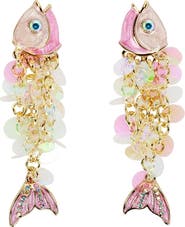 PACKED PARTY Catch of the Day Sparkle Fish Dangle Earrings - Hypoallergenic Gold-Tone Post with Pink Enamel and Iridescent Sequins, 2 Inch