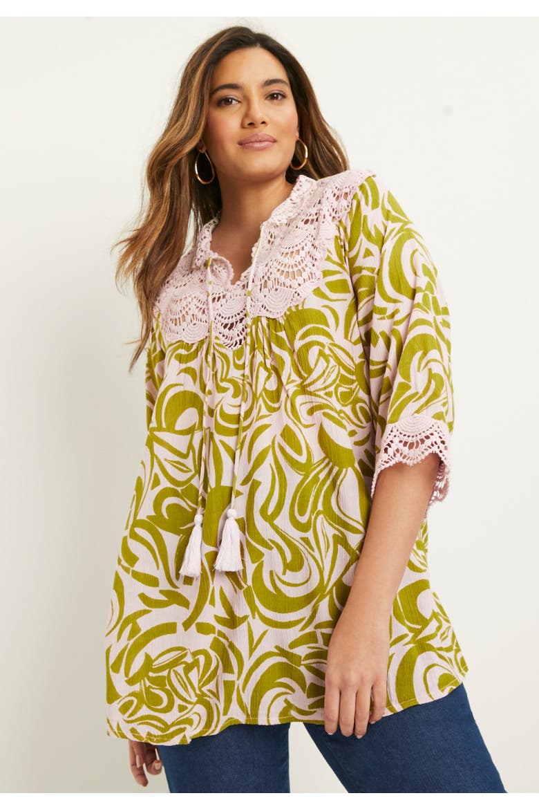 Lace-Trim Crinkle Blouse, Alternate, color, PINK GRAPHIC MARBLE