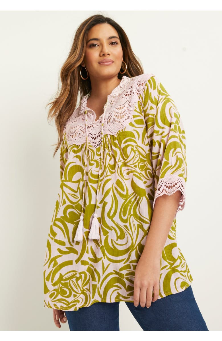 June + Vie Lace-Trim Crinkle Blouse, Alternate, color, Oasis Textured Spots