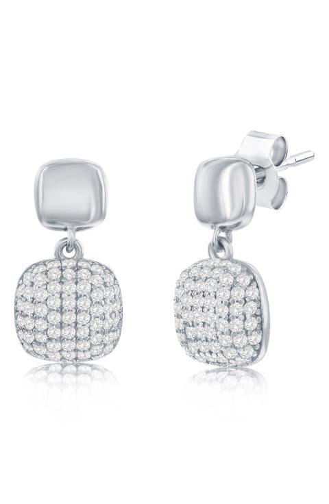 Pavé Cubic Zirconia Cushion Drop Earrings
