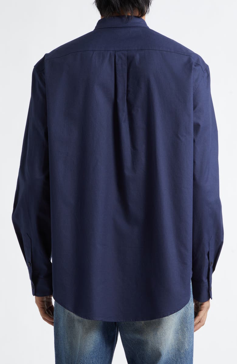 Balmain Monogram Embroidery Cotton Button-Down Shirt, Alternate, color, Marine
