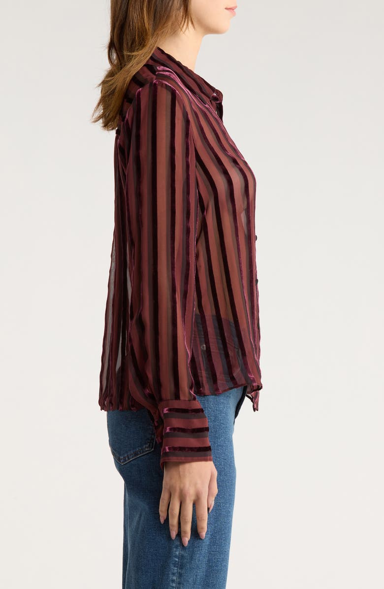 PAIGE Mazzy Velvet Stripe Sheer Silk Blend Button-Up Shirt, Alternate, color, Aubergine/ Black