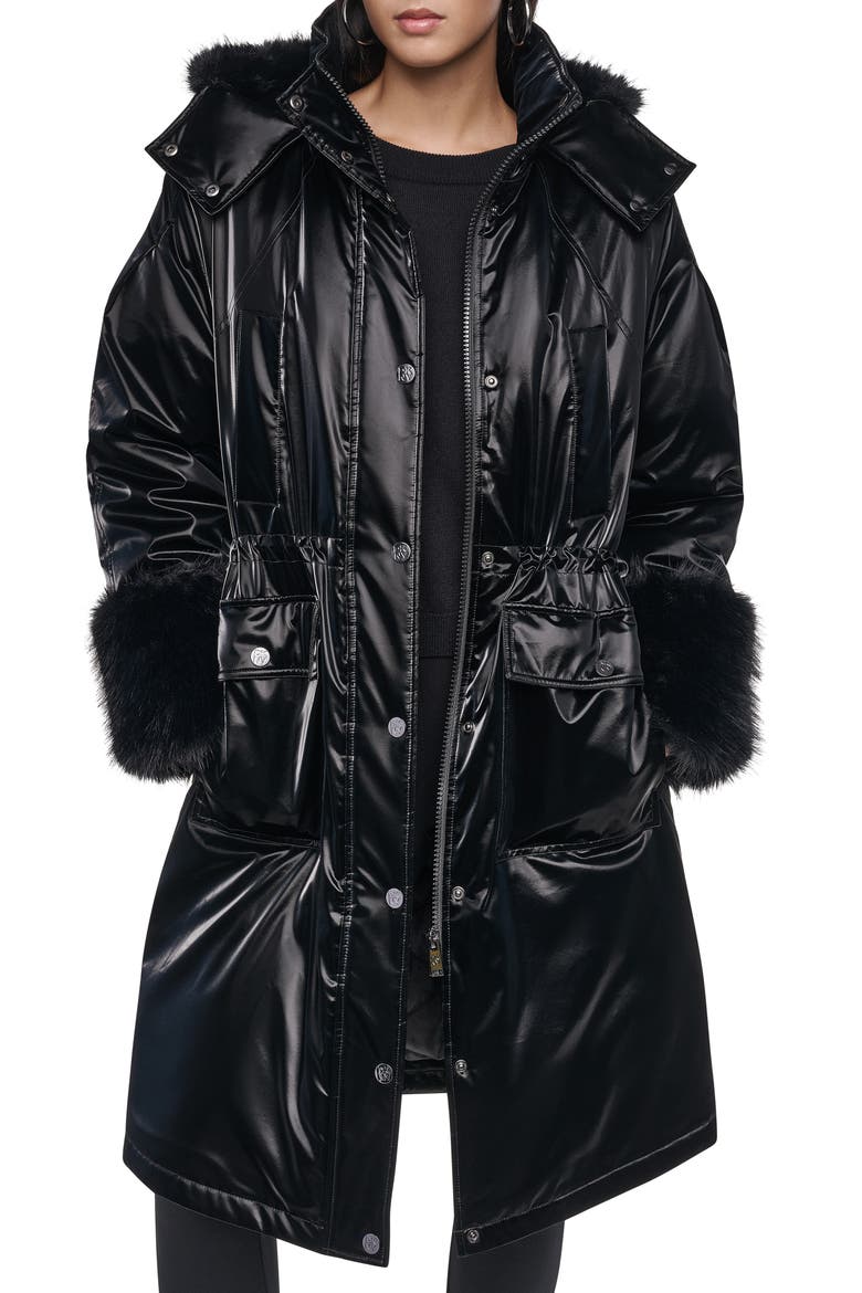 Faux Fur Cuff Nylon Velvet Puffer Coat, Alternate, color, BLACK