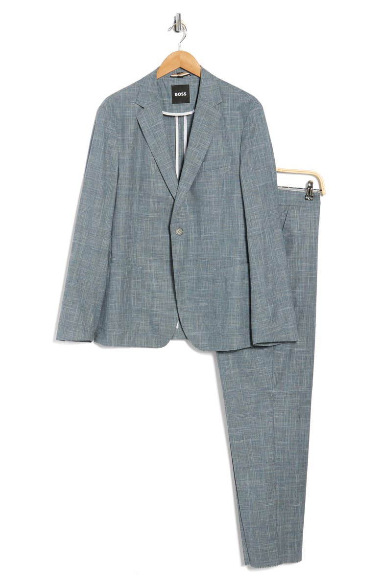BOSS Blue Crosshatch Cotton, Wool & Linen Blend Suit, Main, color, Open Blue
