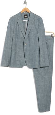 BOSS Blue Crosshatch Cotton, Wool & Linen Blend Suit