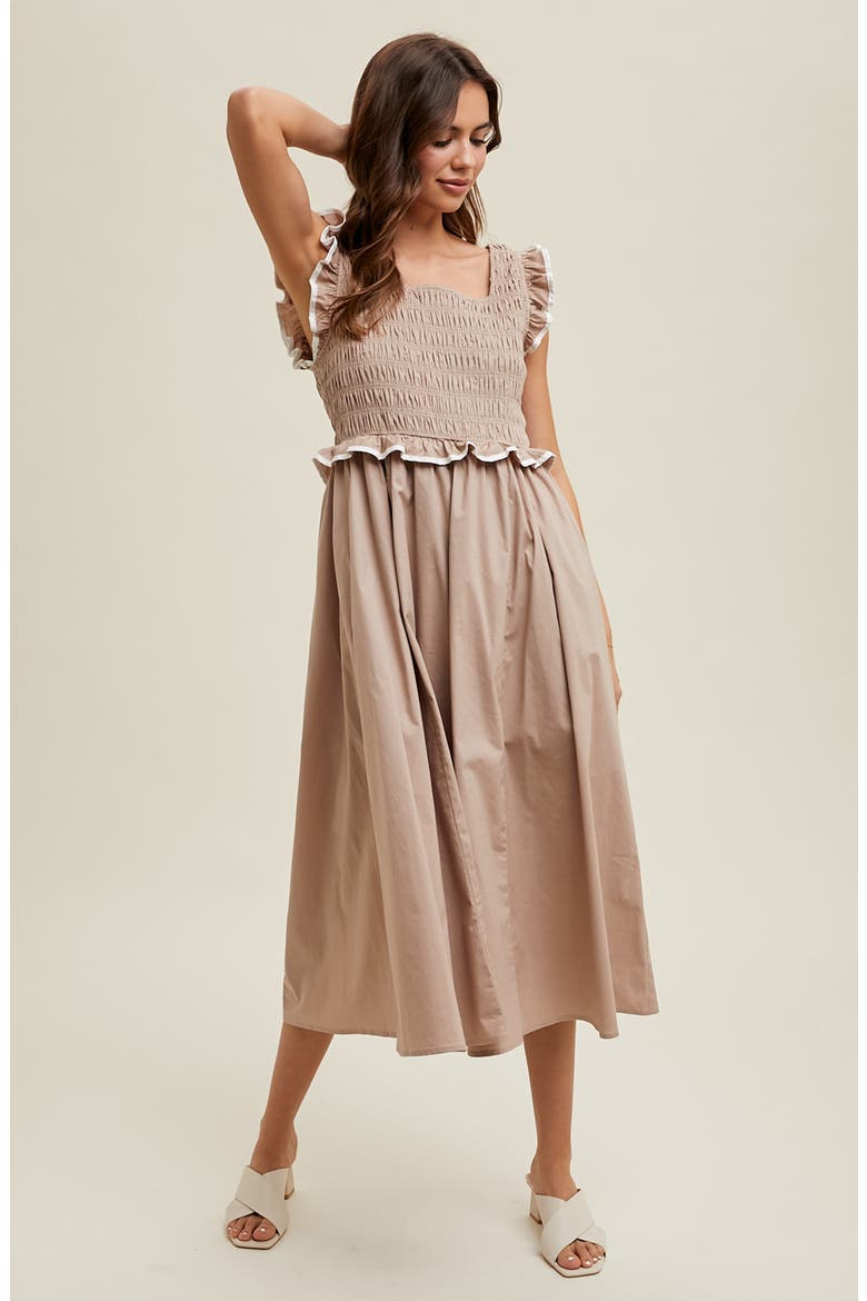 Ruffle Tank Midi Dress, Alternate, color, MOCHA/ CREAM