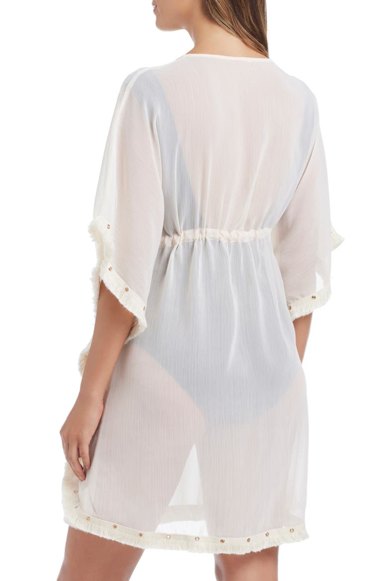 Fringe Trim Sheer Cover-Up Caftan, Alternate, color, COCONUT WATER