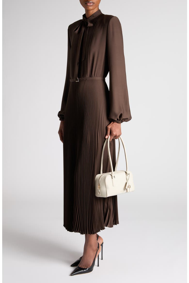 Lavalliere Pleated Long Sleeve Shirtdress, Alternate, color, MUSK