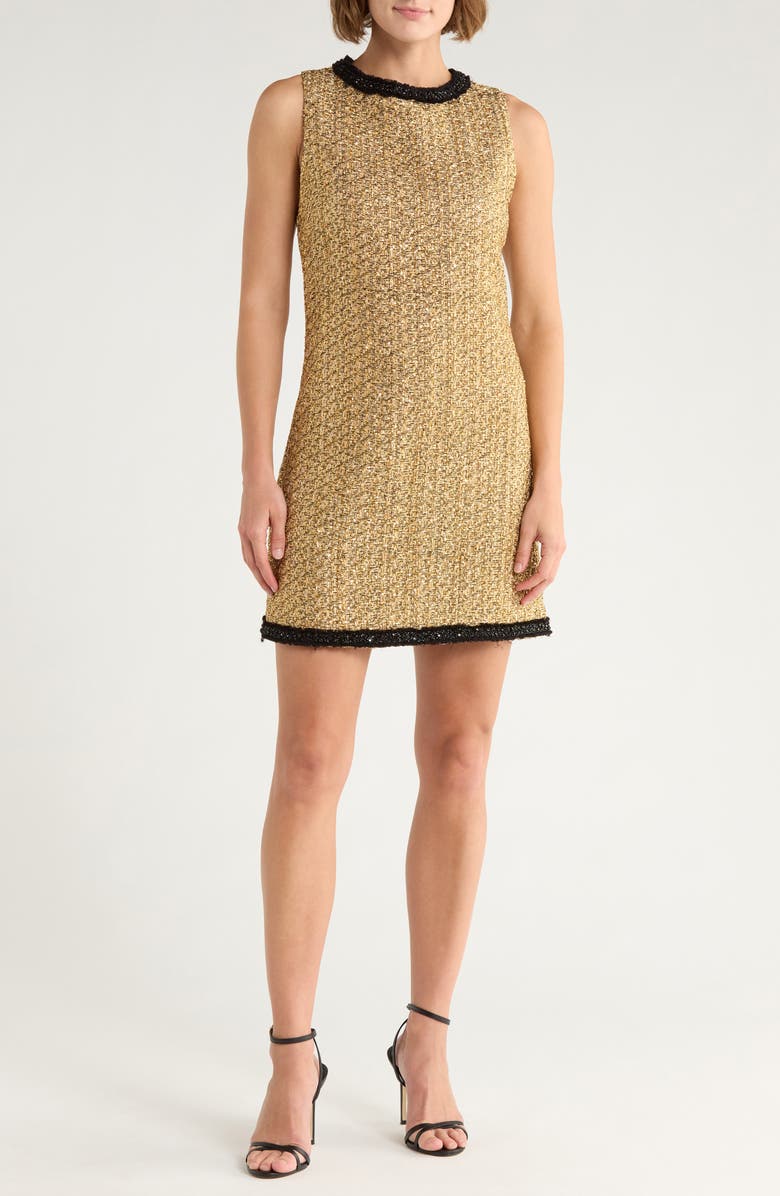 Alice + Olivia Clyde Embellished Metallic Tweed Shift Dress, Main, color, Gold