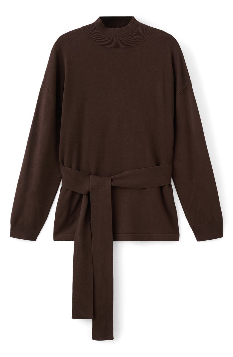 MANGO Tie Waist Mock Neck Sweater, Alternate, color, Chocolate