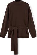 MANGO Tie Waist Mock Neck Sweater