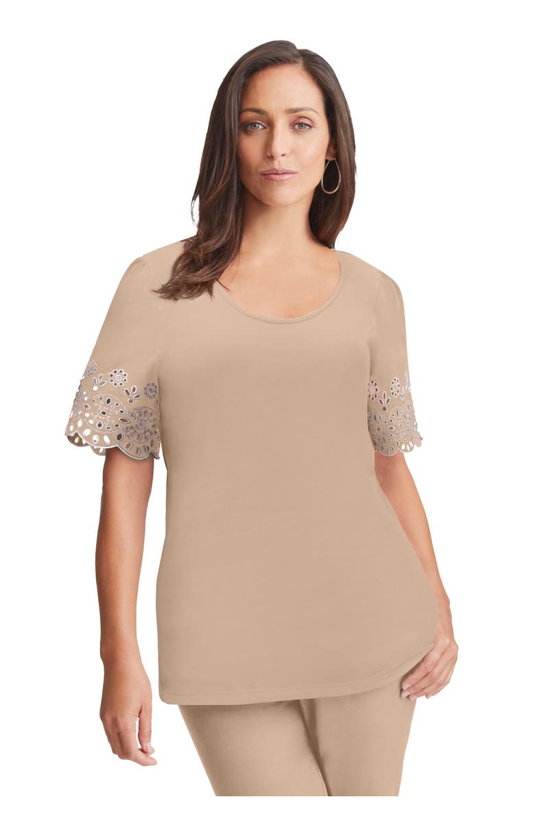 Jessica London Eyelet Scoop-Neck Tee, Main, color, New Khaki Medallion Embroidery