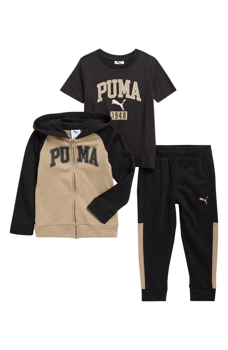 PUMA Kids' Logo Fleece Zip Hoodie, Jersey T-Shirt & Joggers Set, Main, color, Pale Brown