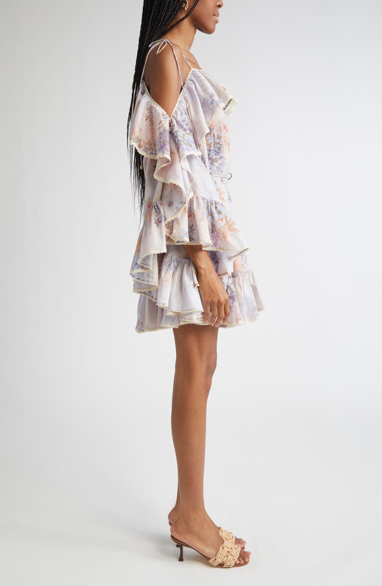 Zimmermann Cascadian Floral Print Ruffle Minidress, Alternate, color, Lilac Botanical Floral