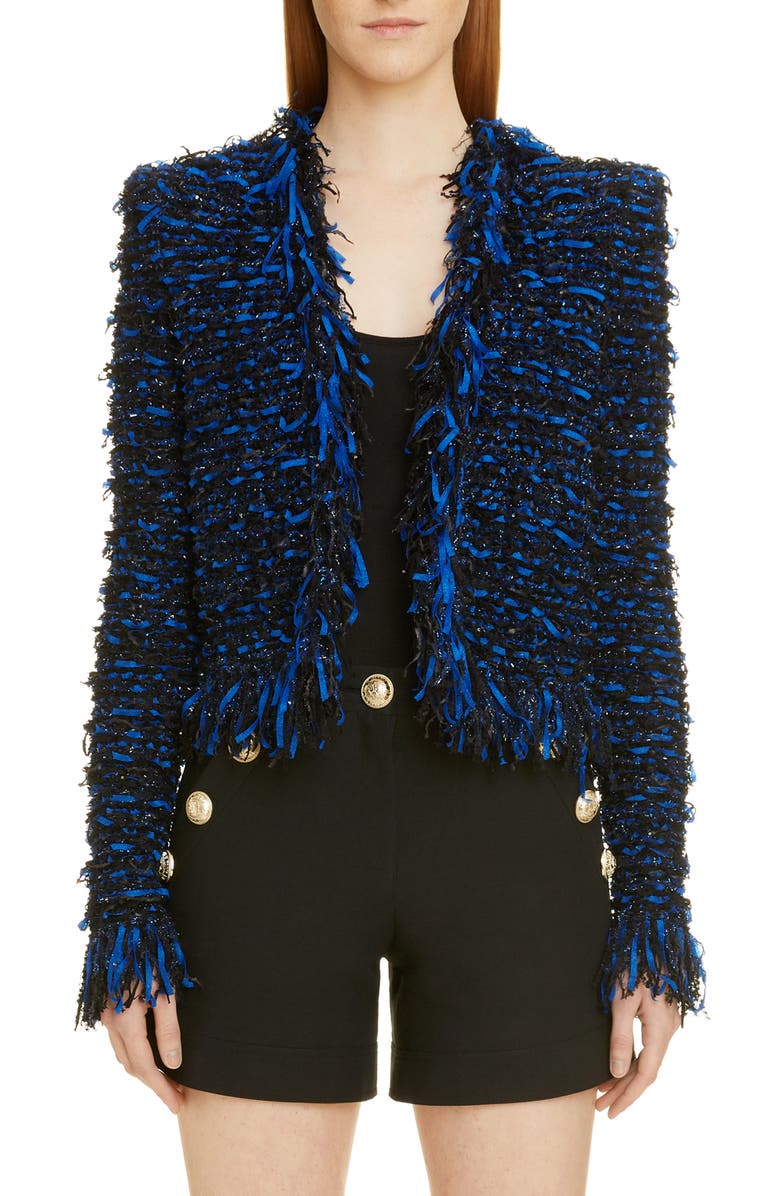 Balmain Glitter Fringe Tweed Jacket, Main, color, 