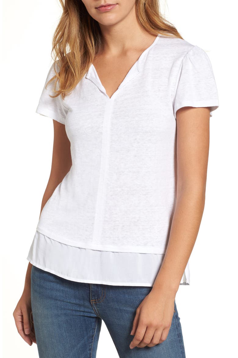 Uptown Tiered Hem Linen Tee, Main, color, WHITE/WHITE