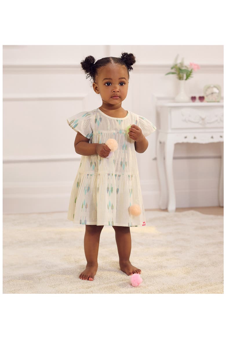 Ikat Feather Print Cotton Tiered Dress, Alternate, color, CREAM