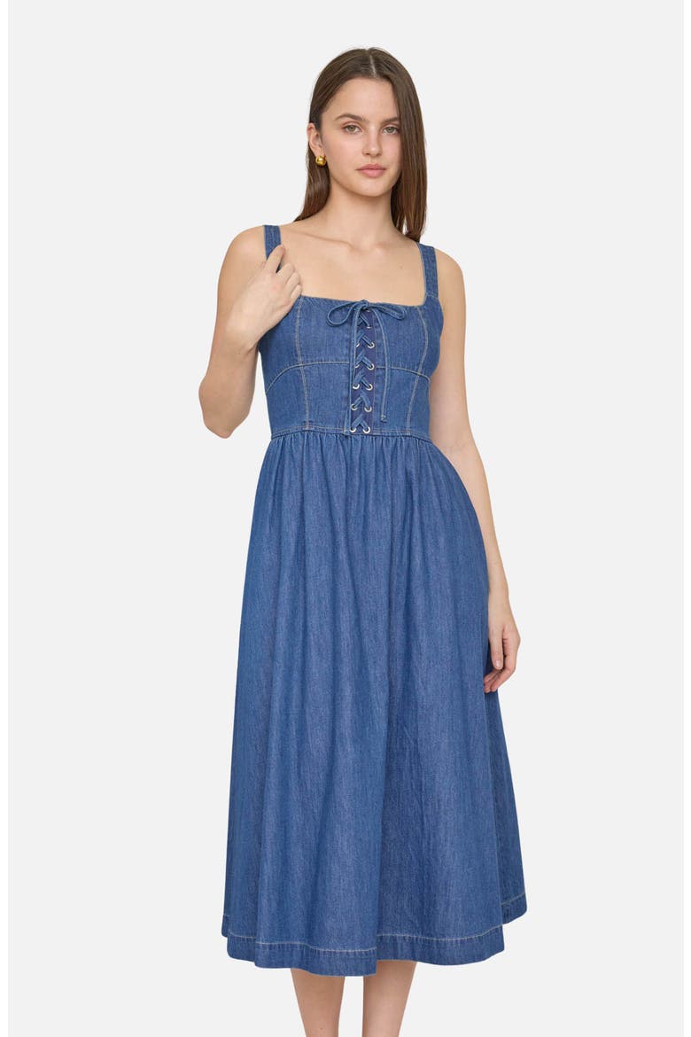 Sleeveless Lace-Up Denim Midi Dress, Alternate, color, DENIM