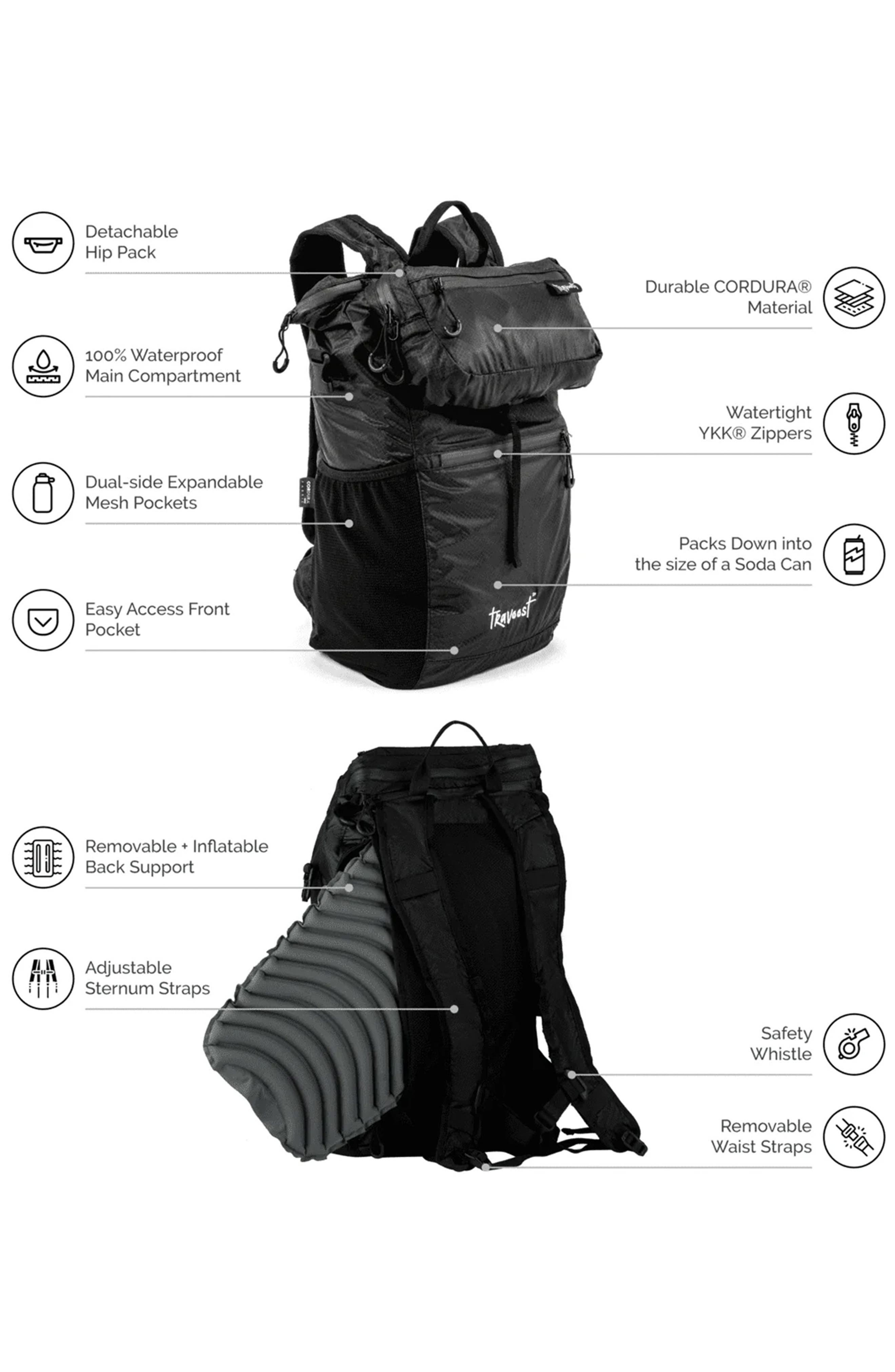 Travoost Ultima 22 Collapsible Backpack with Detachable Hip Pack, Alternate, color, Black
