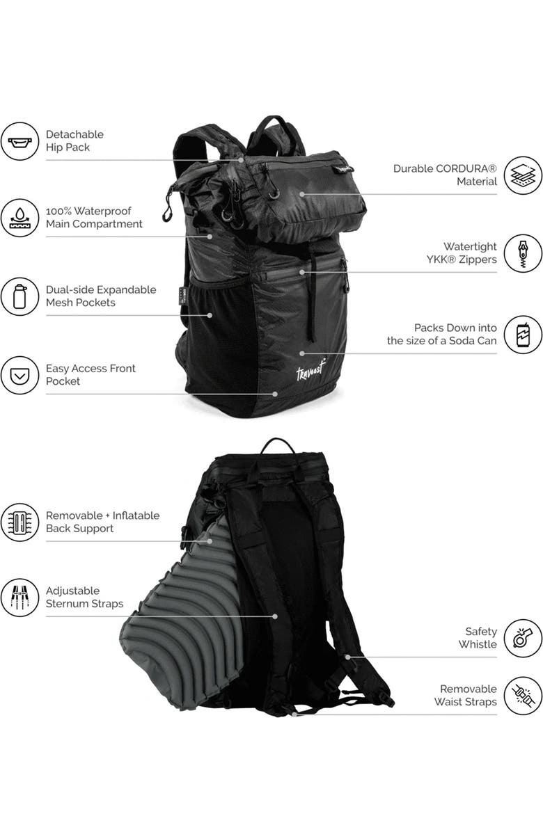 Travoost Ultima 22 Collapsible Backpack with Detachable Hip Pack, Alternate, color, Black