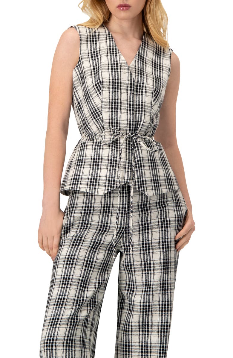 IVONNE Plaid Vest with Tie Belt, Main, color, Black