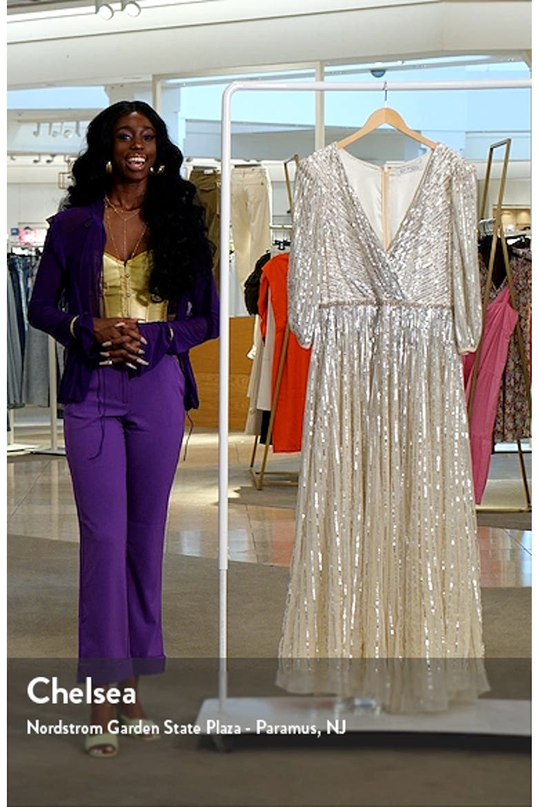 Sequined Wrap Over 3/4 Sleeve Gown video