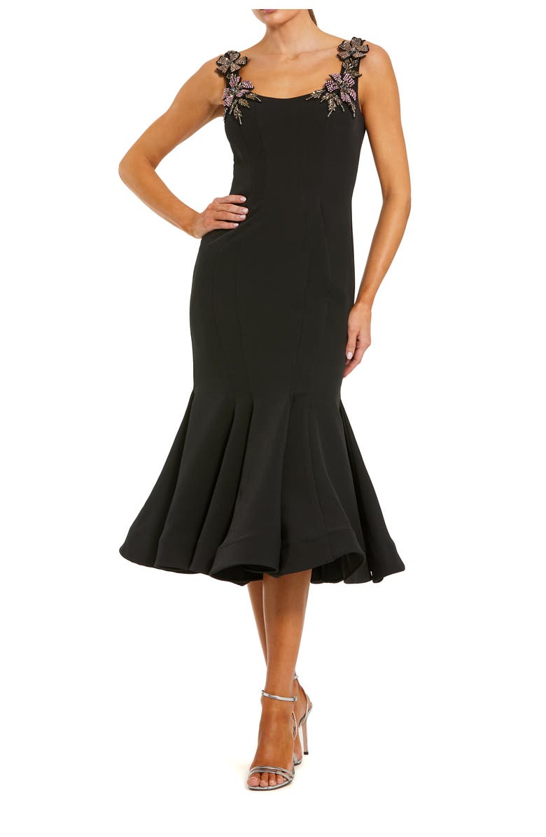 Mac Duggal Floral Appliqué Strap Crepe Trumpet Midi Dress, Main, color, Black