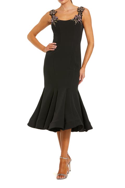 Floral Appliqué Strap Crepe Trumpet Midi Dress