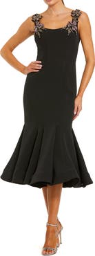 Mac Duggal Floral Appliqué Strap Crepe Trumpet Midi Dress