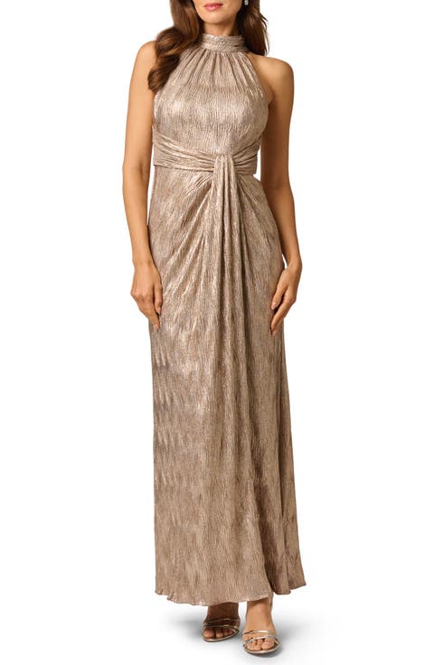 Crinkle Metallic Draped Stretch Halter Gown