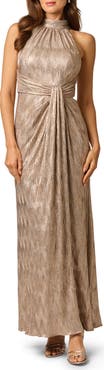 Adrianna Papell Crinkle Metallic Draped Stretch Halter Gown