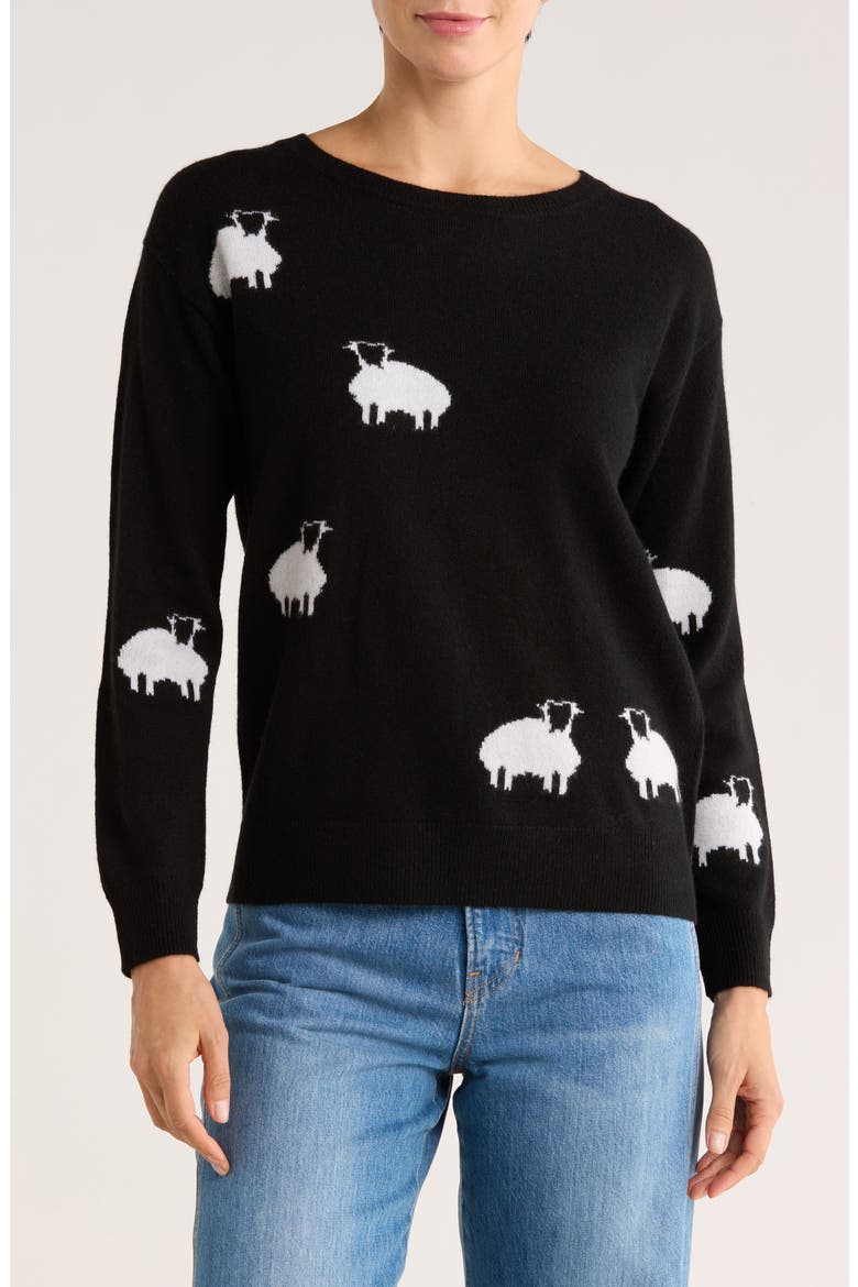 Cashmere Sheep Patterned Sweater, Main, color, BLACK/ FROST WHITE
