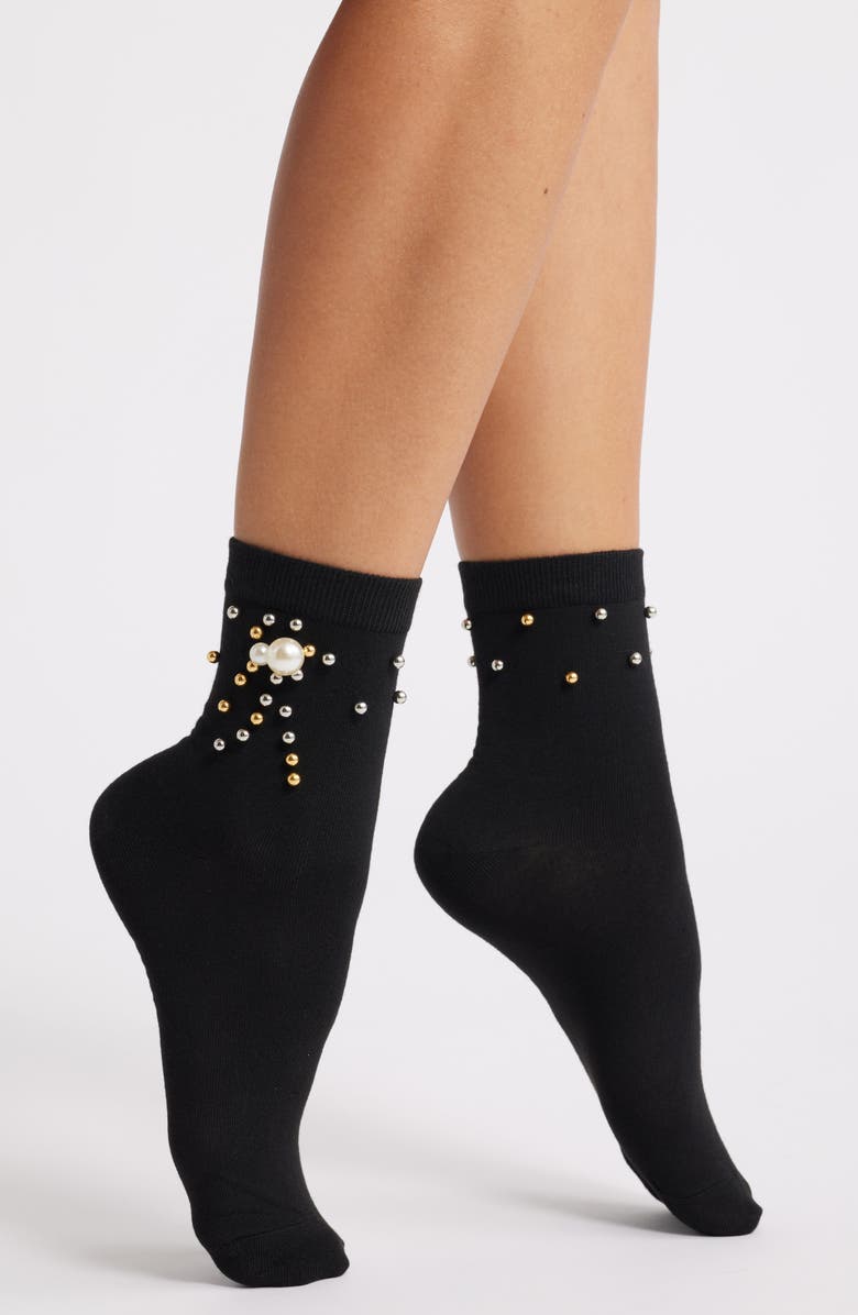 HIGH HEEL JUNGLE Heirloom Imitation Pearl Crewn Socks, Main, color, Black
