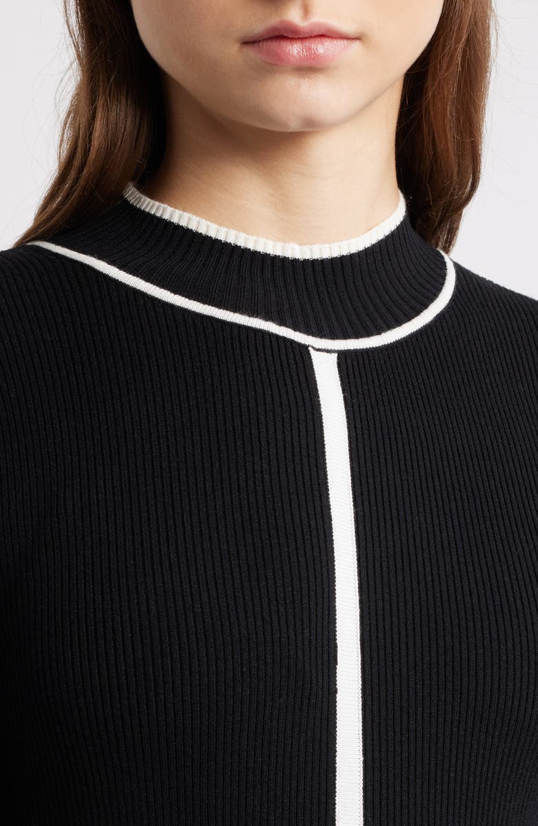 Elie Tahari The Noemi Contrast Trim Long Sleeve Rib Midi Dress, Alternate, color, Noir/ Sky White