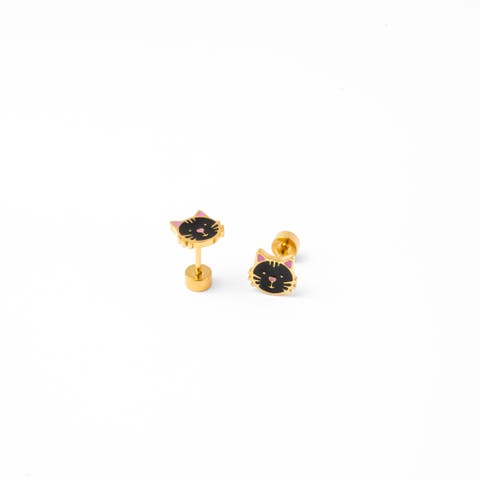 Girls' Black Cat Flatback Stud Hypoallergenic Earrings
