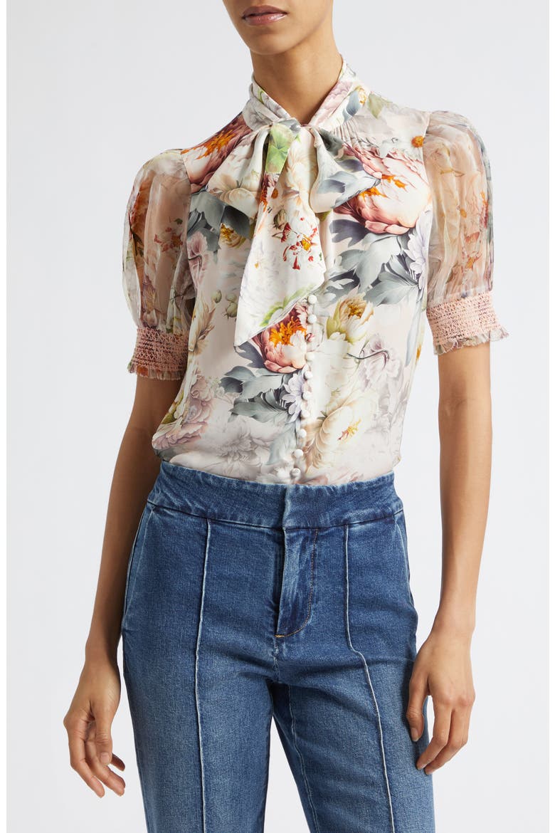 Brentley Floral Tie Neck Button-Up Top, Main, color, SWEET PEONY