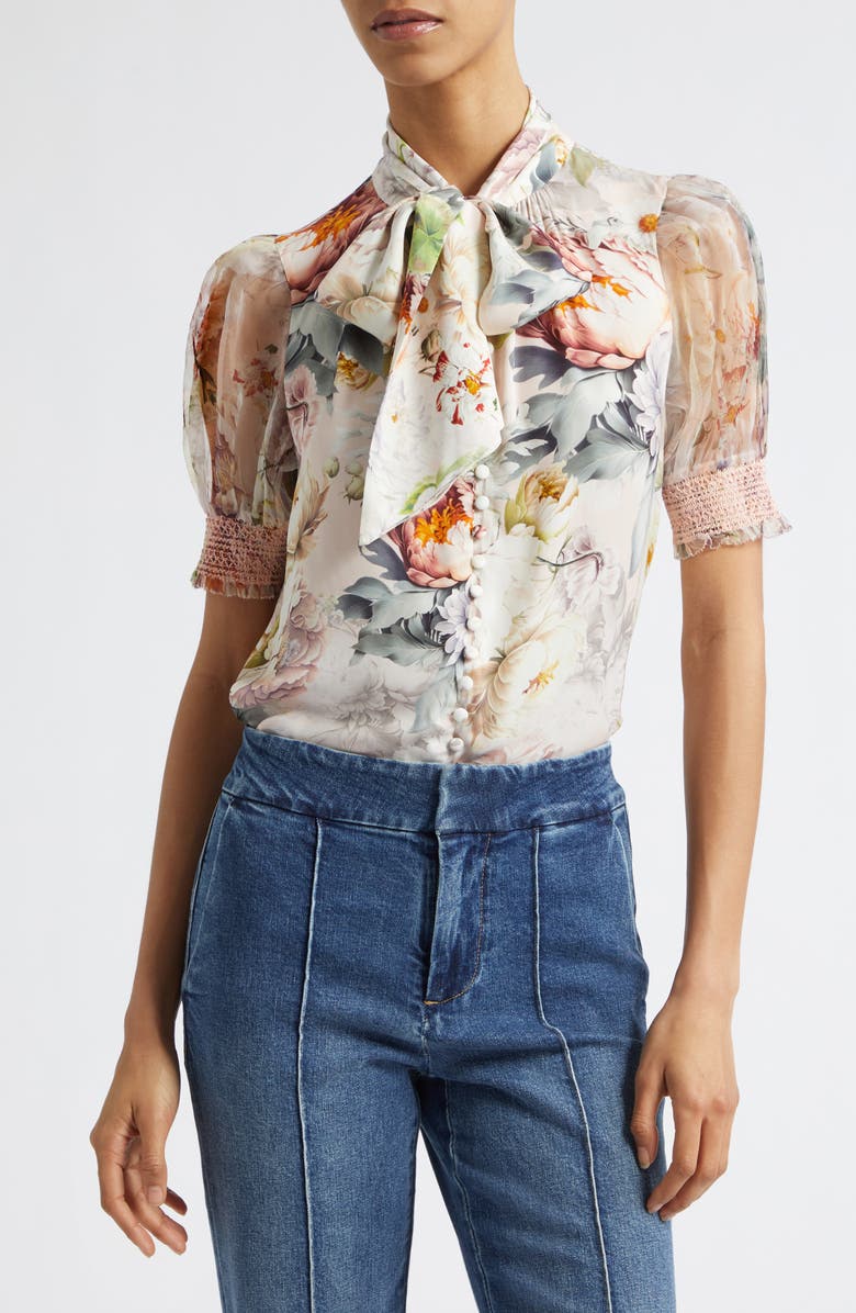 Alice + Olivia Brentley Floral Tie Neck Button-Up Top, Main, color, Sweet Peony