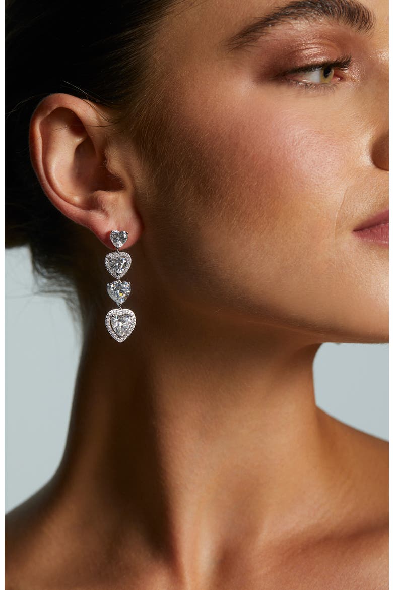 Le Bisou Halo Heart Linear Drop Earrings, Alternate, color, RHODIUM