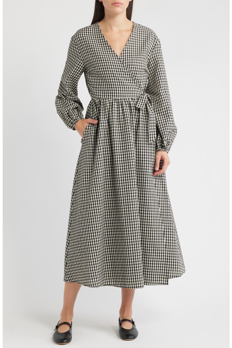 Anemone Gingham Long Sleeve Seersucker Wrap Dress, Main, color, NOIR
