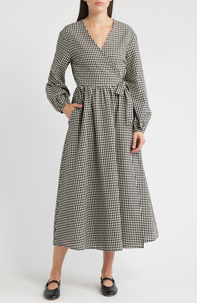 FRNCH Anemone Gingham Long Sleeve Seersucker Wrap Dress, Main, color, Noir