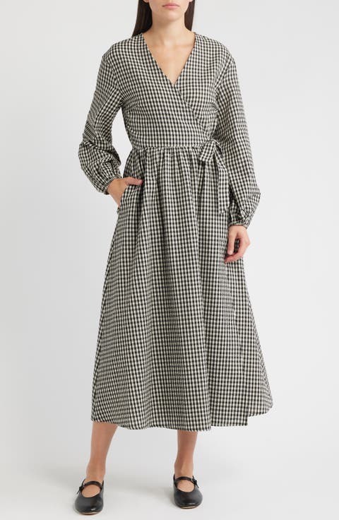 Anemone Gingham Long Sleeve Seersucker Wrap Dress