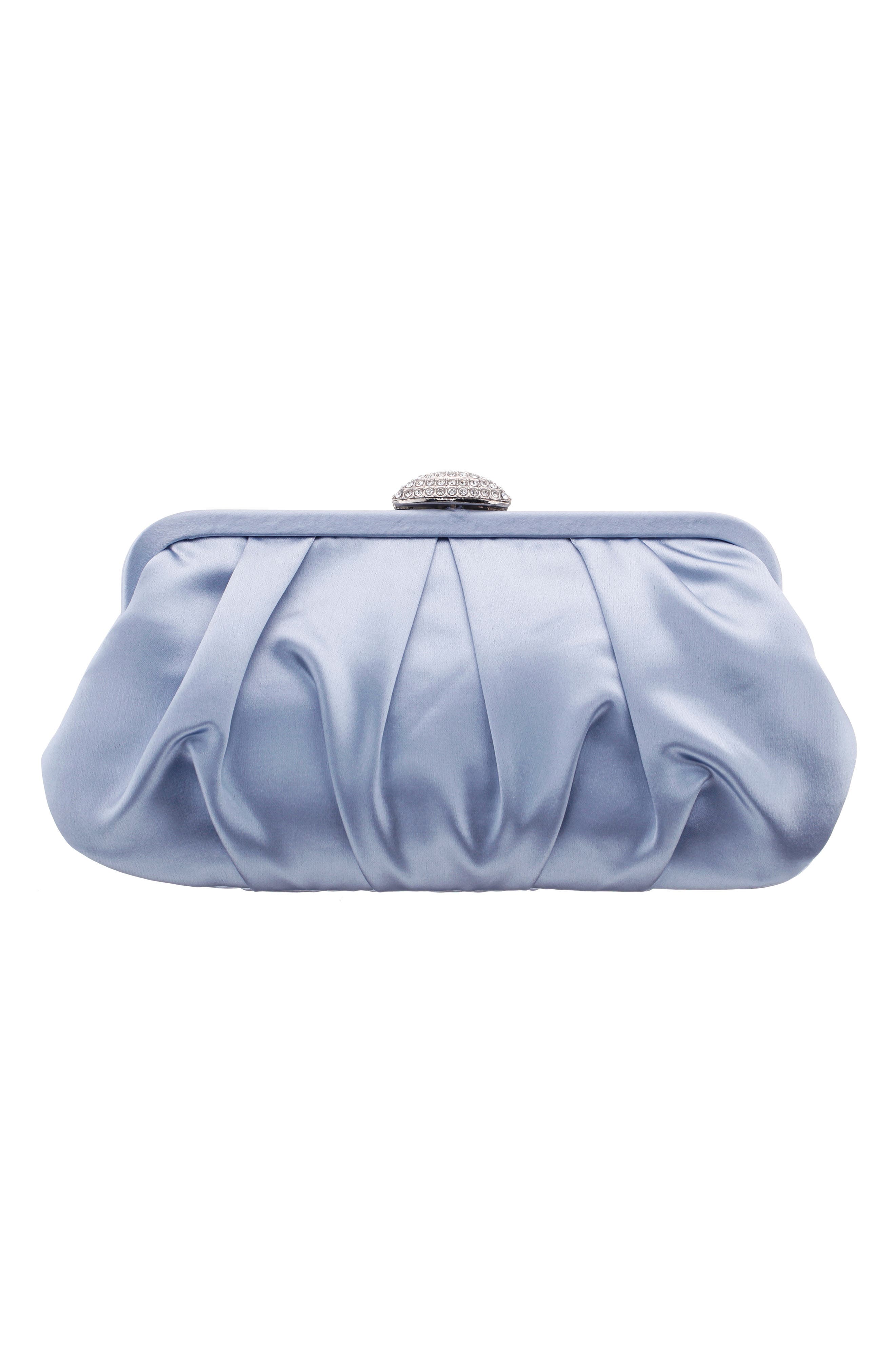 Concord Pleated Satin Frame Clutch, Alternate, color, ICY BLUE