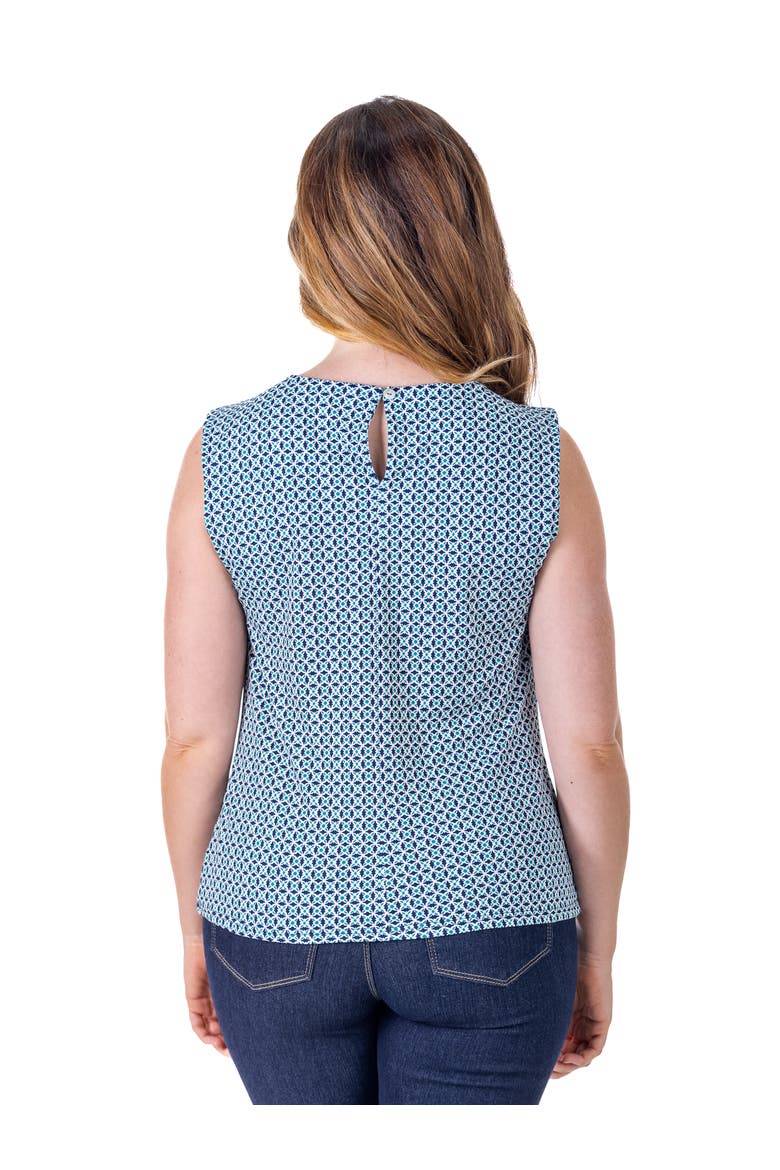 Petites Blue Print Pleated Crew Neckline Back Closure Sleeveless Top, Alternate, color, Blue Multi