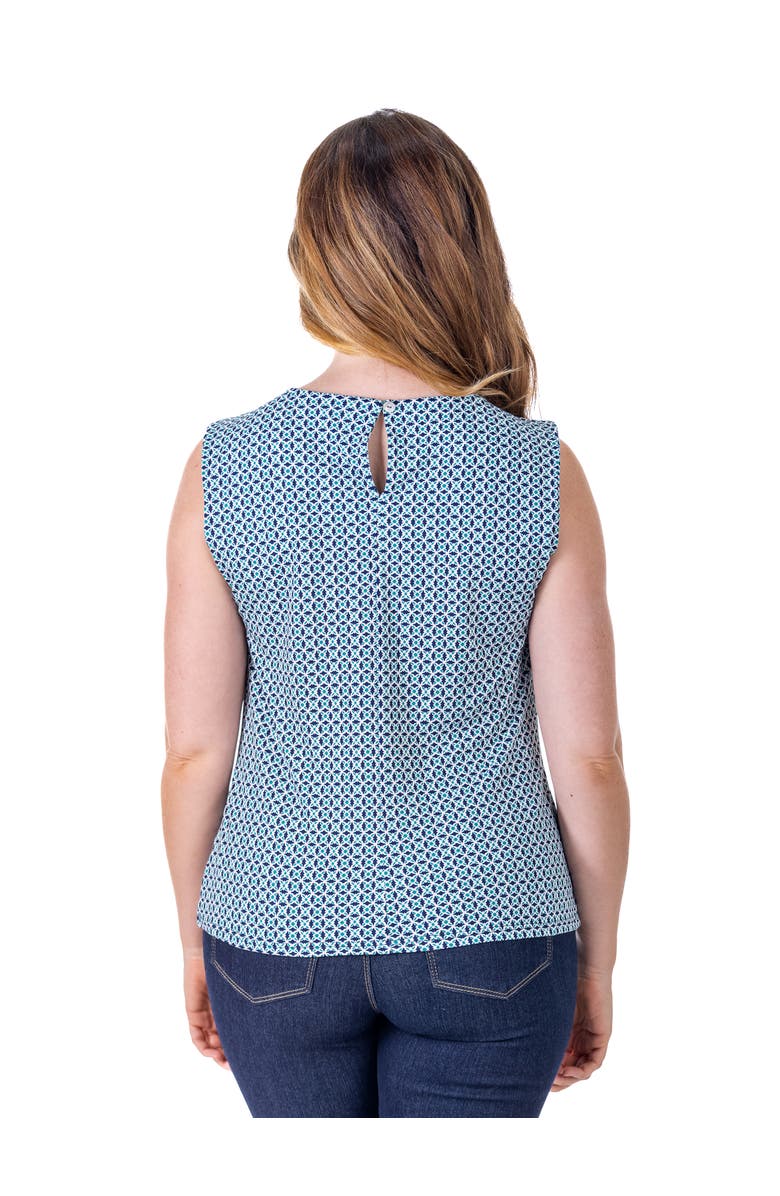 24seven Comfort Apparel Petites Blue Print Pleated Crew Neckline Back Closure Sleeveless Top, Alternate, color, Blue Multi